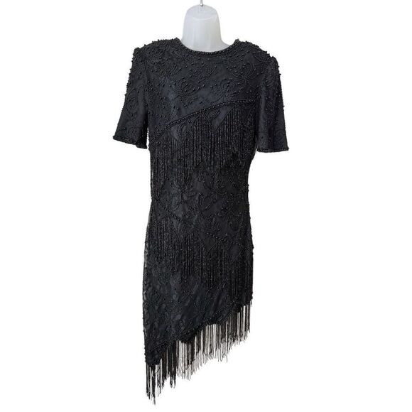 Retro Vintage Scala Black Beaded Sequined Fringe Asymmetrical Dress - Picture 1 of 11